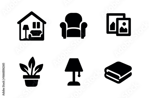 vector solid black filled icons children phase (home setting): quiet living room reading chair framed photos potted plant table lamp folded blanket.