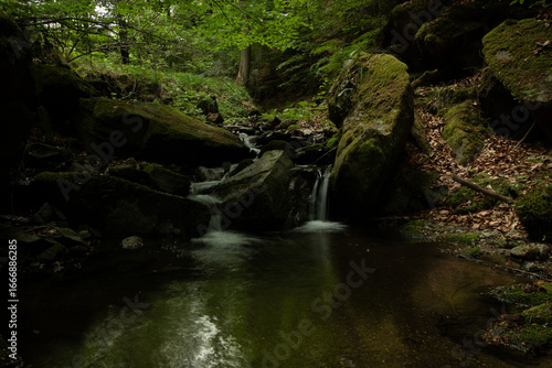 Foto Ein idyllischer, schattiger Waldplatz mit einem sanft plätschernden Wasserfall, der zwischen moosbewachsenen Felsen in einen ruhigen Teich fließt – pure Naturidylle