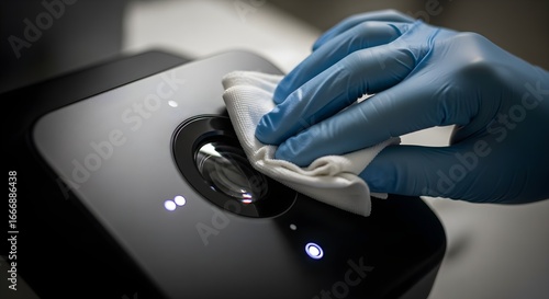 A person wearing blue gloves sanitizes a black tech device with a white cloth to maintain cleanliness and hygiene during the day.