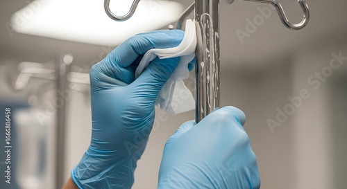 Gloved hands meticulously clean and disinfect a medical IV stand with a white wipe, emphasizing hygiene and infection control in a hospital setting.