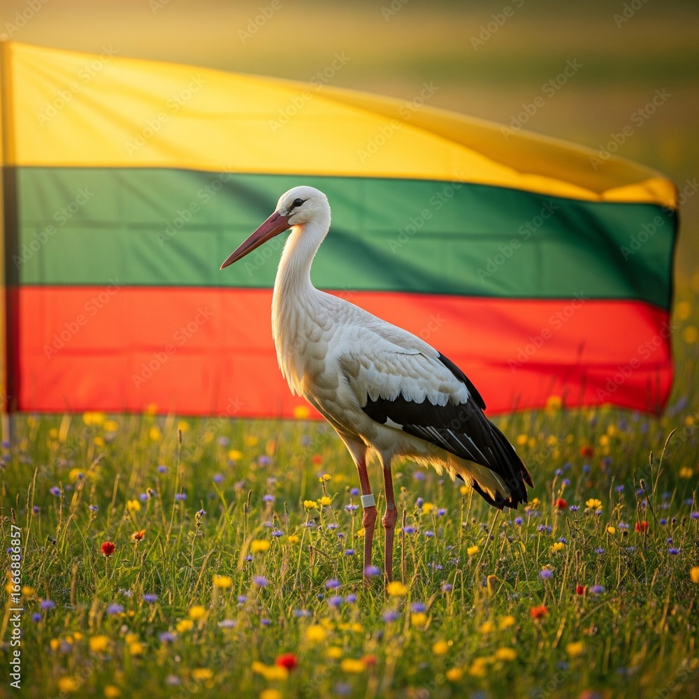 Fototapeta premium Lithuania Flag & White Stork 