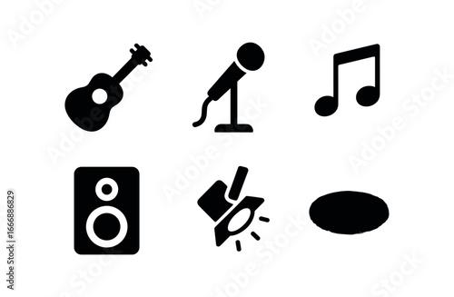 vector solid black filled icons spring market (live music): guitar icon microphone stand music notes speaker stage light shadow smear.