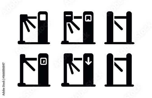 vector solid black filled icons entrance (turnstile gate): turnstile bars card reader arrow cue pole shadow smear light rim.