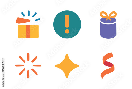 vector colorful filled icons gift exchange (surprise reveal): popping lid exclamation mark wrapped cylinder burst lines sparkle star ribbon curl.
