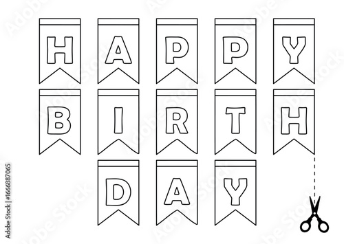 Printable Birthday Pennant Banner for coloring and cutting out, kid's activity, homemade party decoration, black and white vector illustration