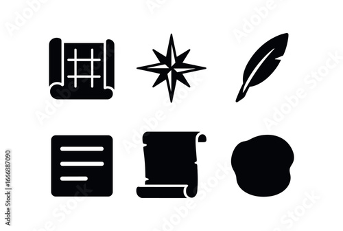 vector solid black filled icons mapmaker (parchment chart): chart grid compass rose ink quill legend box border curl shadow smear.