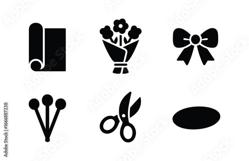 vector solid black filled icons florist at work (bouquet wrap): wrapping paper ribbon tie flower stems shears tip shadow smear light rim.