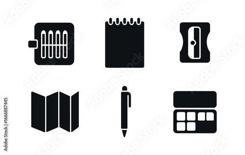 vector solid black filled icons color pencil set (travel kit): roll up case travel sketchpad small sharpener map pen pocket palette.