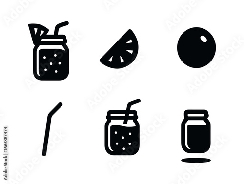 vector solid black filled icons smoothie in glass jar (tropical mix): jar outline pineapple wedge coconut dot straw tip shadow smear light rim.