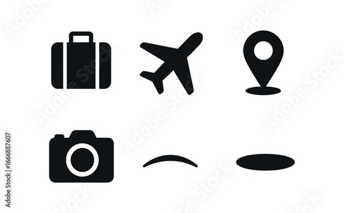 vector solid black filled icons young adulthood (travel adventures): suitcase outline plane silhouette map pin camera icon horizon arc shadow smear.