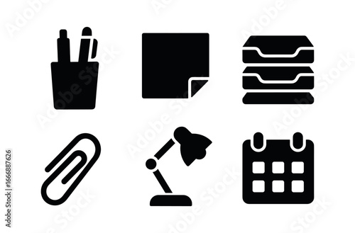 vector solid black filled icons desk organizer (office): pen holders sticky notes trays clips lamp calendar.