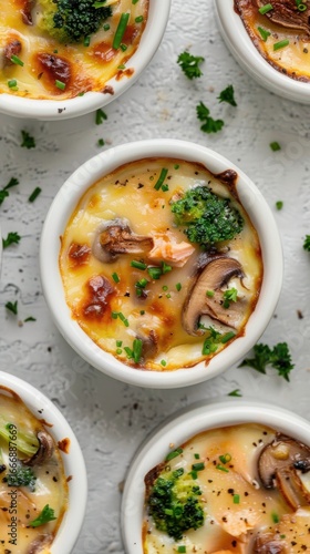 Three miniature casseroles, each a culinary delight. Broccoli and cheddar, mushroom and sun-dried tomato, egg and salmon shine under a warm light, creating a mouthwatering breakfast spread