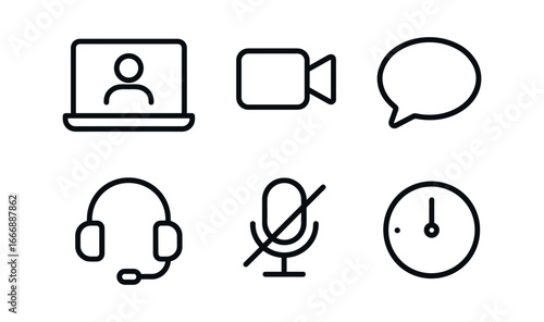 vector outline icons work from home setup (video conference): laptop screen camera icon chat bubble headset mute badge timer dot.