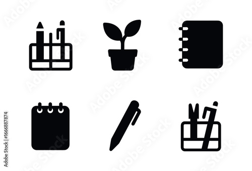 vector solid black filled icons desk organizer (minimal style): metal frame neat layout white desk plant notepad pen.