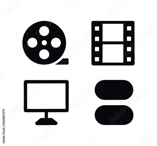 vector solid black filled icons archivist (microfilm): reel spool film strip viewer screen shadow smear highlight rim light contrast.