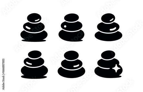 vector solid black filled icons creek (pebbles cluster): round stones varied sizes water sheen moss speck shadow smear light glint.