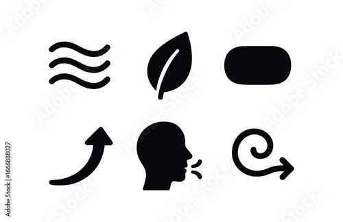 vector solid black filled icons reassurance (calm breath): wave lines leaf icon shadow smear highlight rim inhale arrow exhale curl.