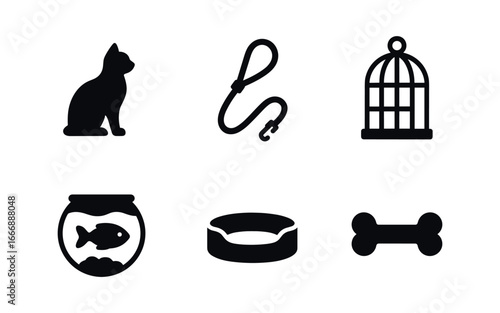 vector solid black filled icons empty nester stage (pet companion): cat silhouette dog leash birdcage fish bowl pet bed chew toy.