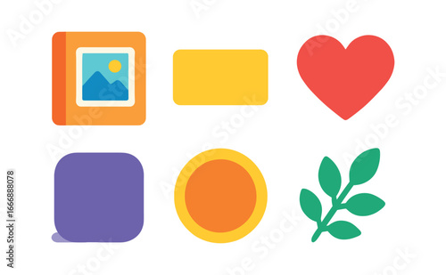 vector colorful filled icons photo album together (cover shot): album cover title text heart icon shadow smear glow rim leaf sprig.