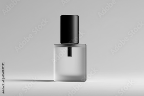 Minimal frosted glass airless bottle mockup with black cap on light gray background