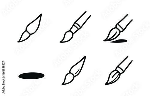vector outline icons calligrapher (brush pen): brush tip handle grip ink stroke shadow smear highlight rim bristle detail.