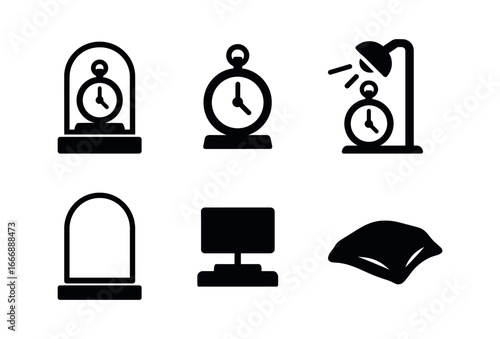 vector solid black filled icons pocket watch (display): glass dome wooden base spotlight plaque velvet.