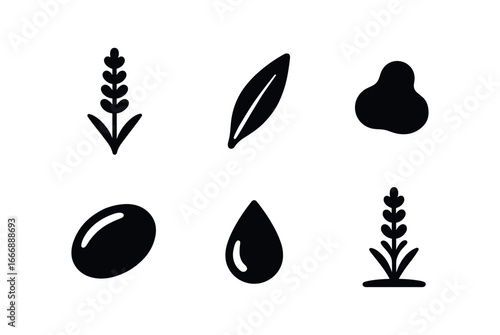 vector solid black filled icons flower season (lavender sprig): lavender spike leaf sheath shadow smear highlight rim dew bead ground sprig.