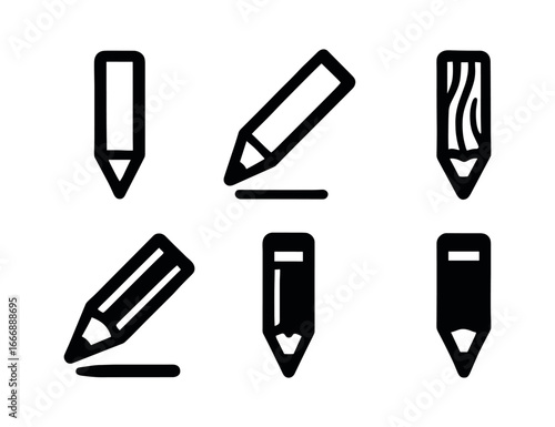 vector solid black filled icons drafting pencil (wood barrel): barrel outline angled tip wood grain shadow smear highlight rim lead dot.
