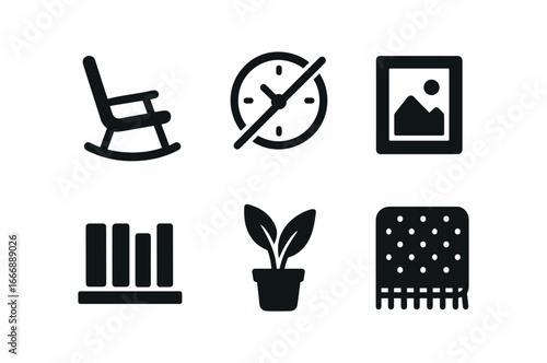 vector solid black filled icons empty nester stage (quiet living room): empty rocker silent clock photo frame bookshelf gap houseplant knit blanket.