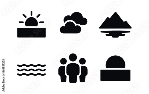 vector solid black filled icons changing skies (sunset): orange glow pink clouds mountain outline calm water silhouettes fading light.