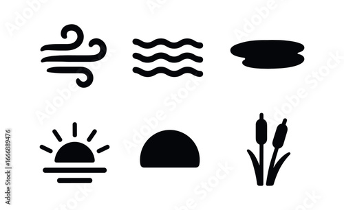 vector solid black filled icons fen (morning mist): mist swirl water edge shadow smear highlight rim sunrise arc reed outline.