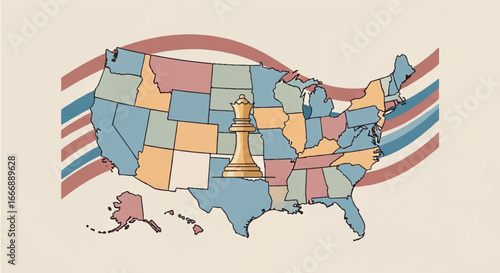 Chess queen stands prominently on map of United States, symbolizing strategic power and influence across the nation, creating a sense of political strategy.