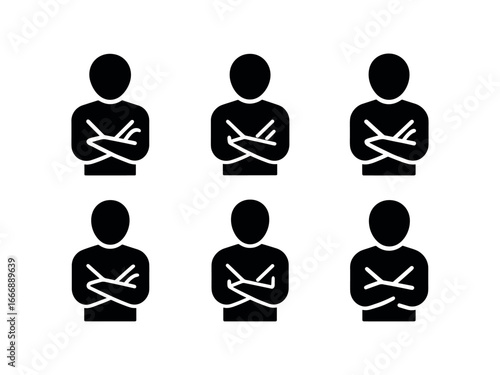 vector solid black filled icons hesitation (crossed arms): arm silhouettes chest line shadow smear highlight rim body outline light dot.