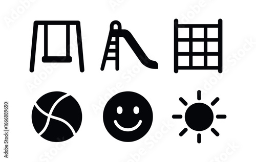 vector solid black filled icons late elementary stage (playground): swings slide climbing frame ball game laughter sunny sky.