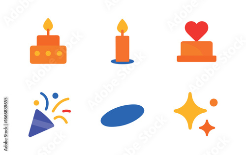 vector colorful filled icons celebrating anniversary (cake and candles): cake tier candle flame heart topper confetti shadow smear sparkle dot.