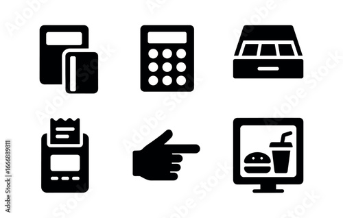 vector solid black filled icons drive thru meal (payment kiosk): card reader keypad pad cash drawer receipt print hand icon shadow smear.