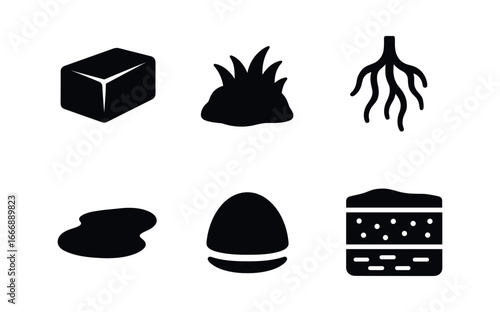vector solid black filled icons bog (peat mound): turf block moss tuft root strands shadow smear light rim soil layers.