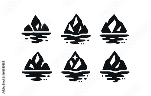 vector solid black filled icons glacial lake (iceberg cluster): floating blocks crystal facets water shadows light glints cold hues dots.