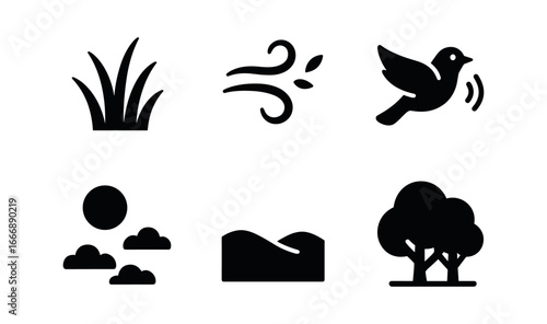 vector solid black filled icons draw ridge (summer): lush grass warm breeze bird calls blue sky distant hills shady grove.
