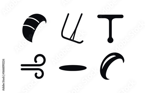 vector solid black filled icons Snowkiting (kite sail): sail shape control lines bar handle wind swirl shadow smear highlight rim.