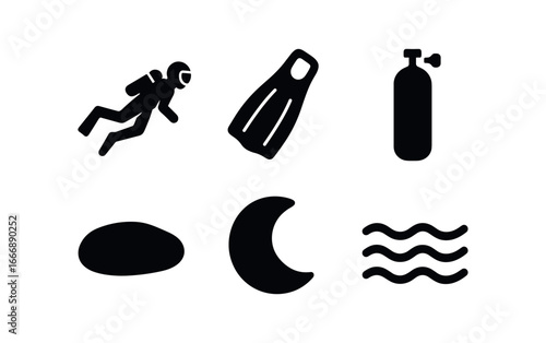 vector solid black filled icons marine biologist (diver tag): diver silhouette flipper icon tank outline shadow smear highlight rim wave line.