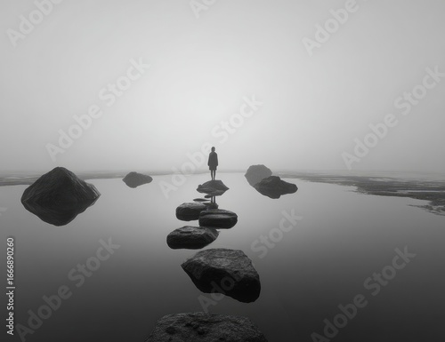 A solitary figure stands on a path of stones across a misty body of water