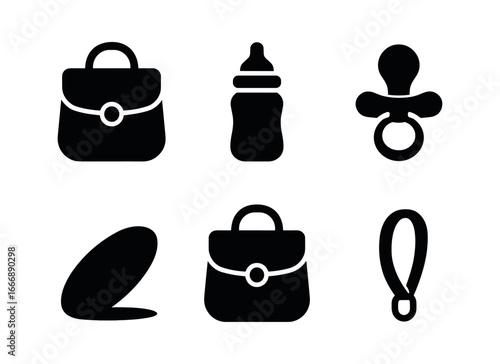 vector solid black filled icons young parenthood (diaper bag): bag outline bottle pocket pacifier icon shadow smear highlight rim strap loop.