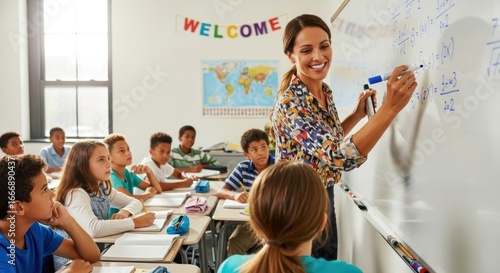A teacher teaching math to a class of students.