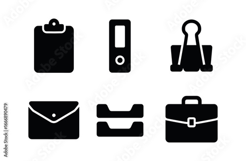 vector solid black filled icons graph paper (stationery storage): clipboard ring binder binder clip document wallet desk tray portfolio case.