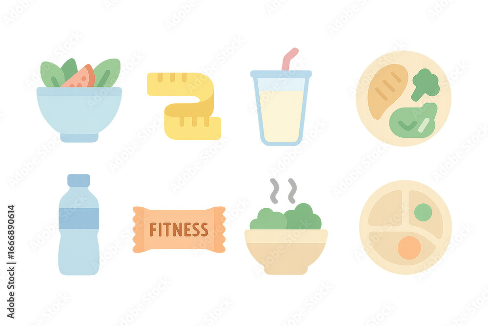 Fototapeta premium Colorful healthy lifestyle icons featuring food, fitness, and wellness in flat design