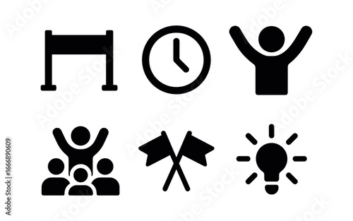 vector solid black filled icons speed skating (finish): finish line clock raised arms cheering crowd flags bright light.