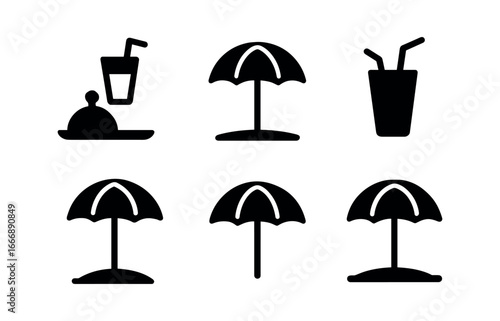 vector solid black filled icons beach umbrella zone (drink stand): drink tray straw icon shadow smear light rim sand line accent dot.