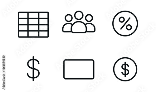 vector outline icons startup funding round (cap table): table grid user avatars percent circles dollar icons legend box shadow smear.