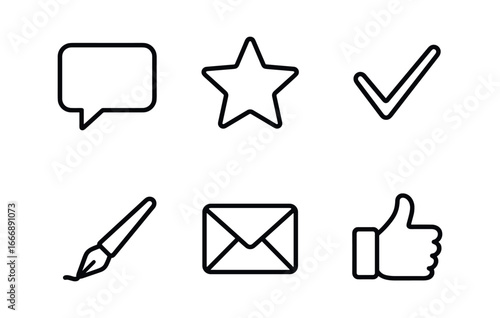 vector outline icons First job phase (feedback): comment bubble star icon check mark pen stroke email icon thumbs up.
